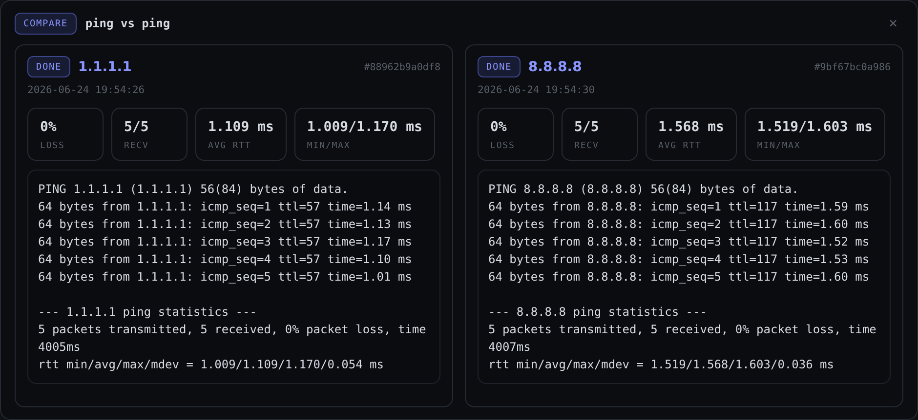 Two runs of the same probe shown side by side for comparison