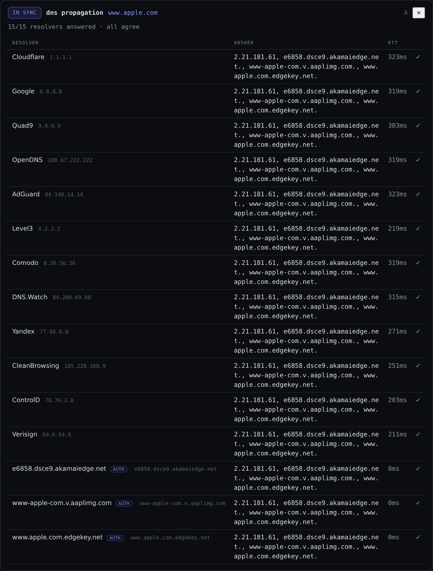 DNS propagation results across public resolvers and authoritative nameservers with a disagreement flagged