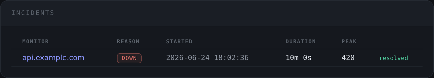 An incident log entry showing an opened-and-closed incident with its duration and peak value