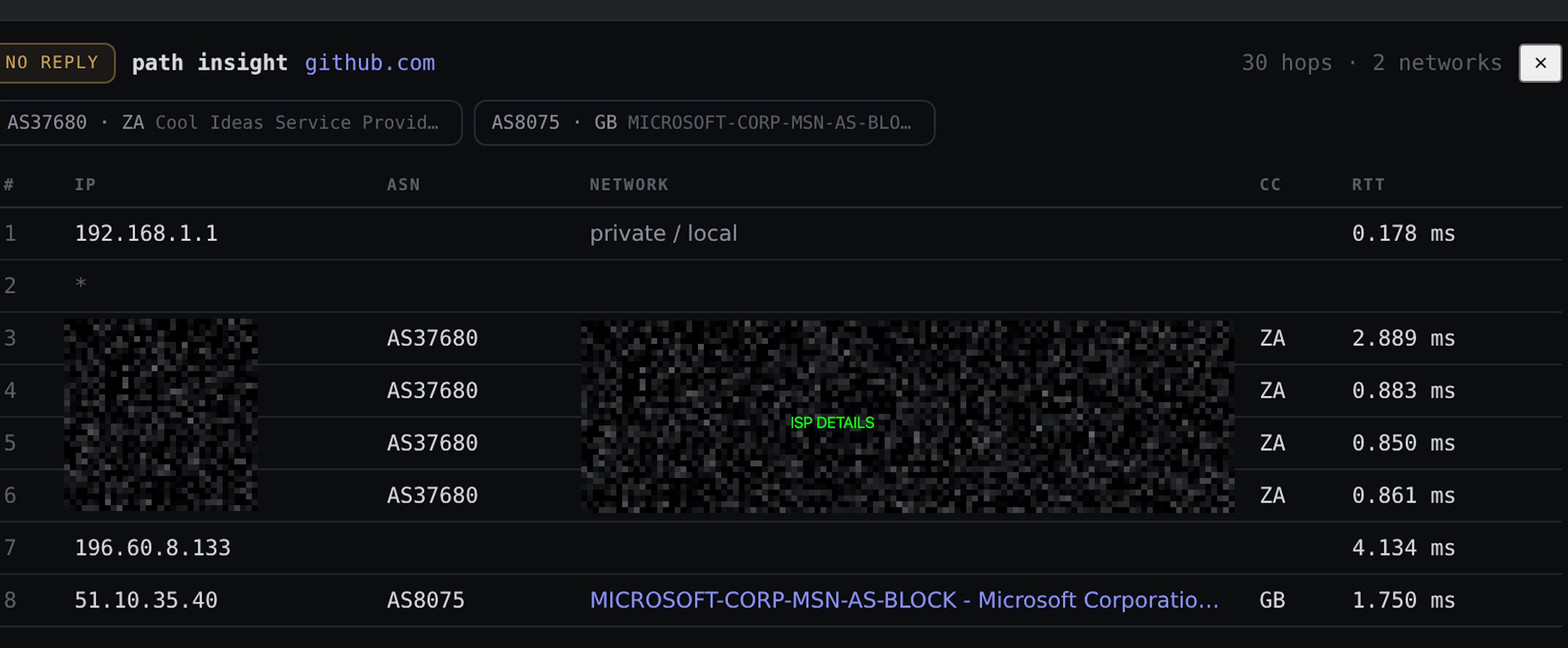 Path insight traceroute to github.com with per-hop ASN, network owner, and country, and the operator-change hop highlighted