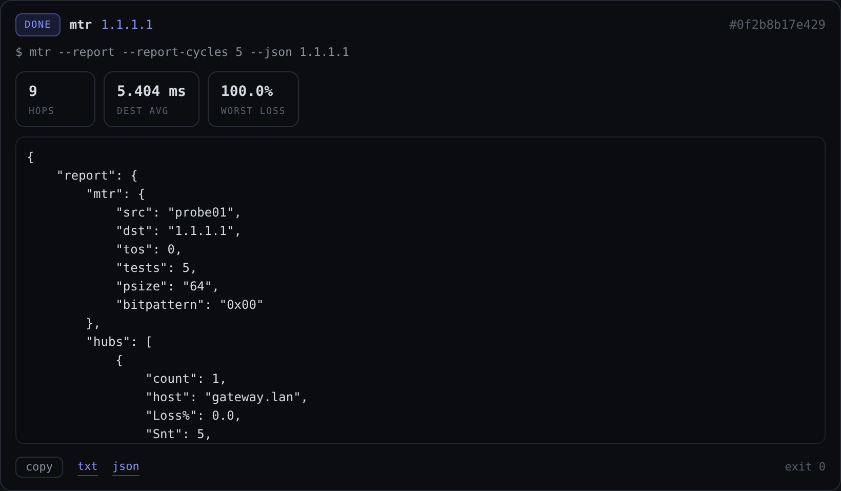 A live mtr probe to 1.1.1.1 streaming output with per-run summary stats